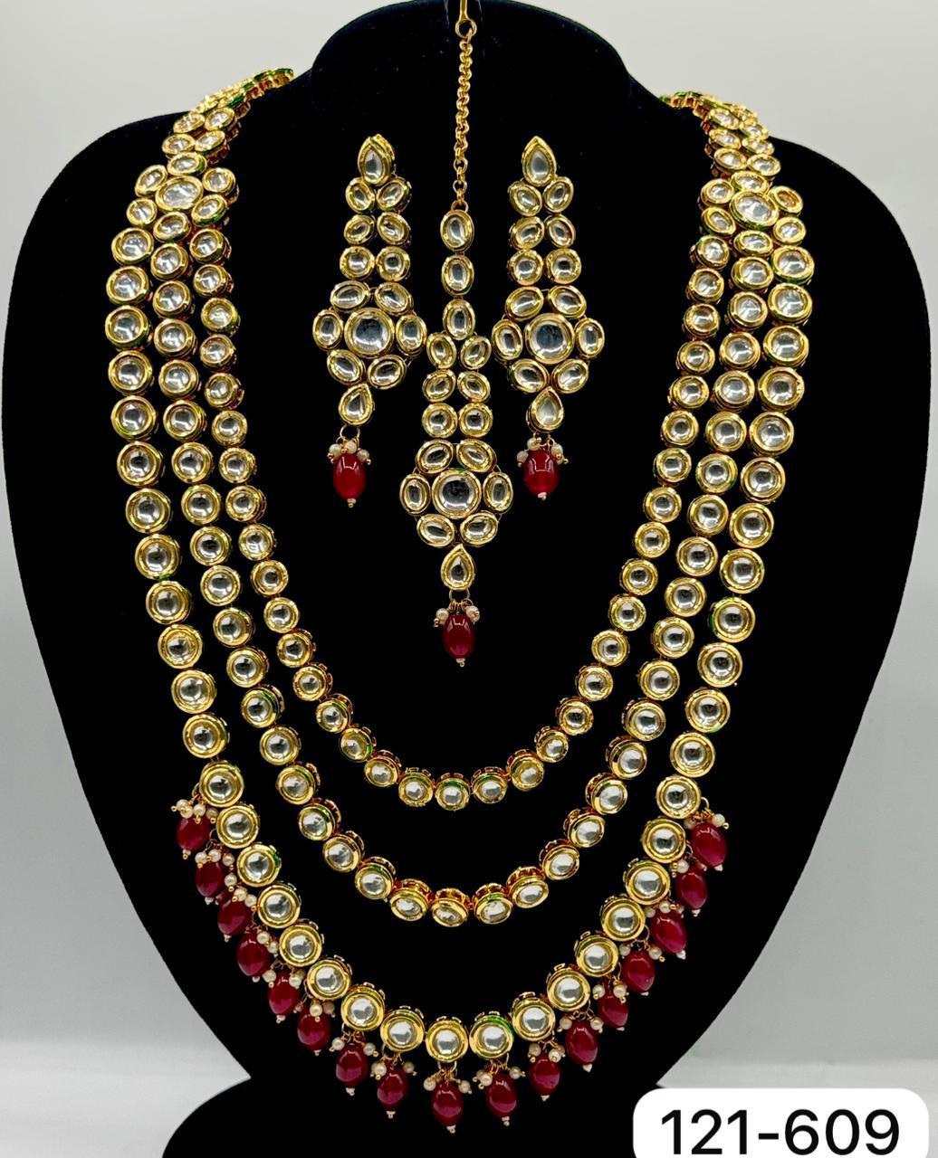 Original Kundan three layered necklace in red stones
