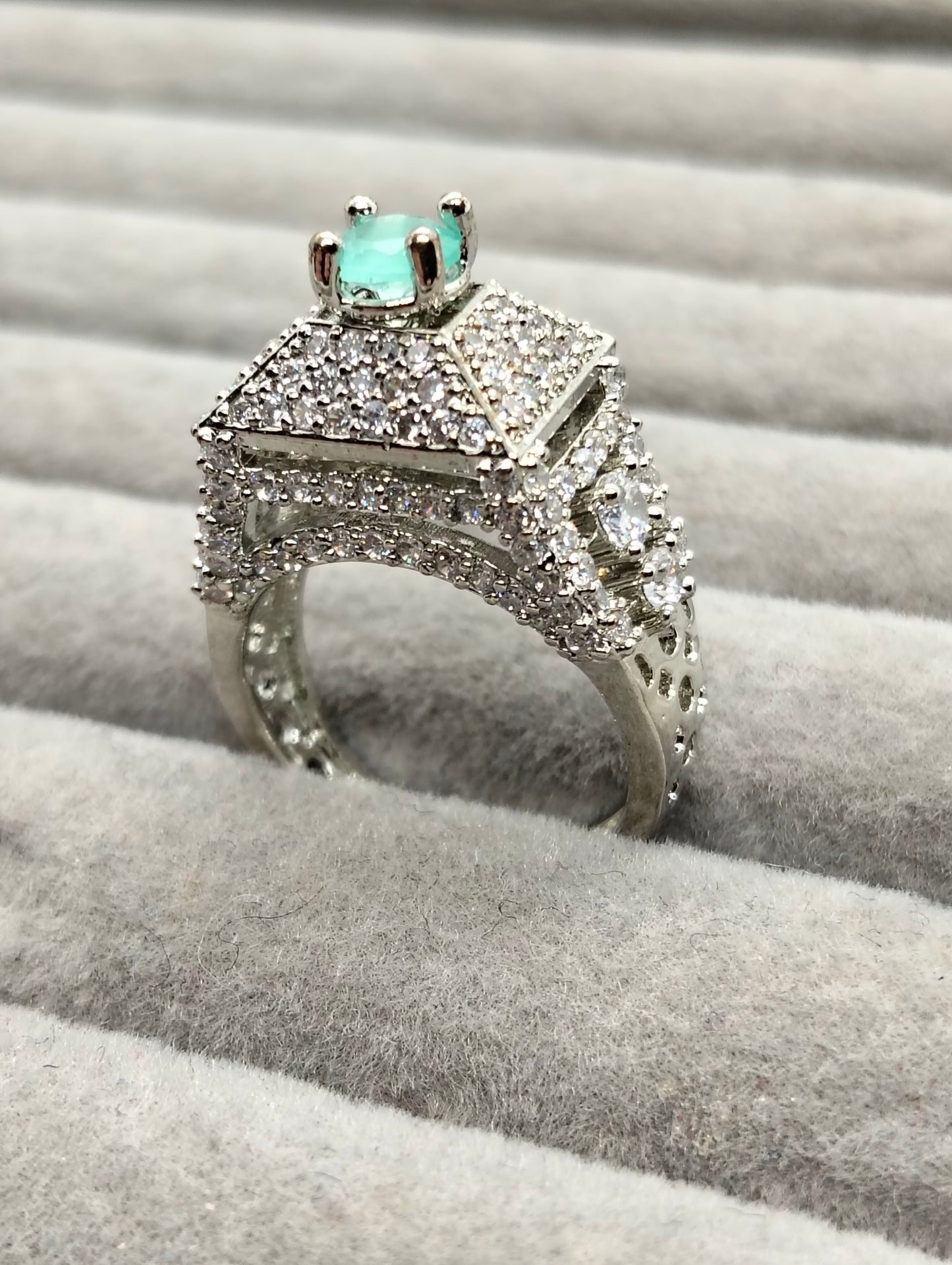 Mint green stone adjustable tower ring silver rhodium plated