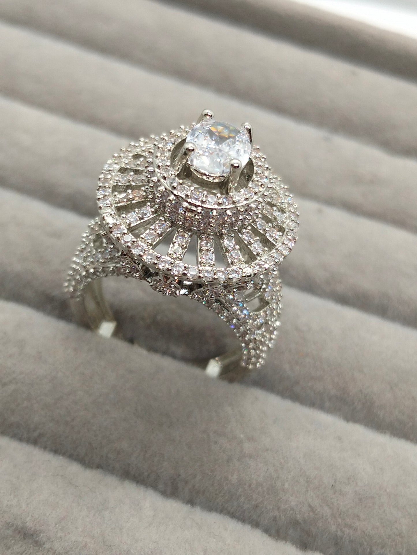 Statement one carat silver rhodium plated ring with semi precious stones