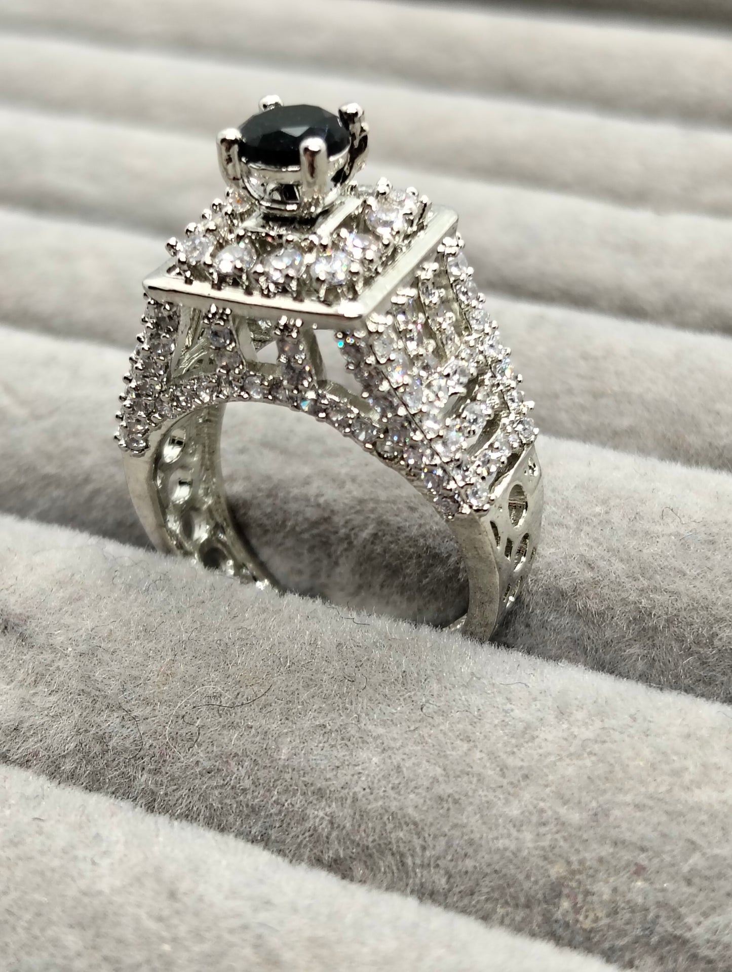 Black stone adjustable tower ring one carat silver rhodium plated