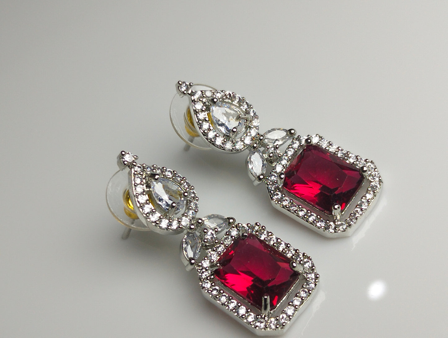 Premium Rhodium Plated Silver Red Gemstone Stud Earrings