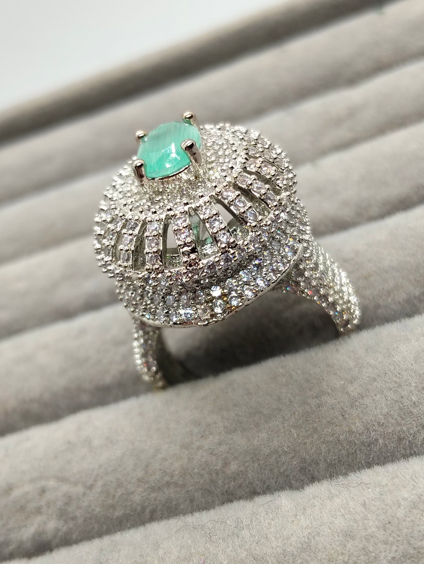 One carat silver rhodium plated adjustable ring in mint green stone