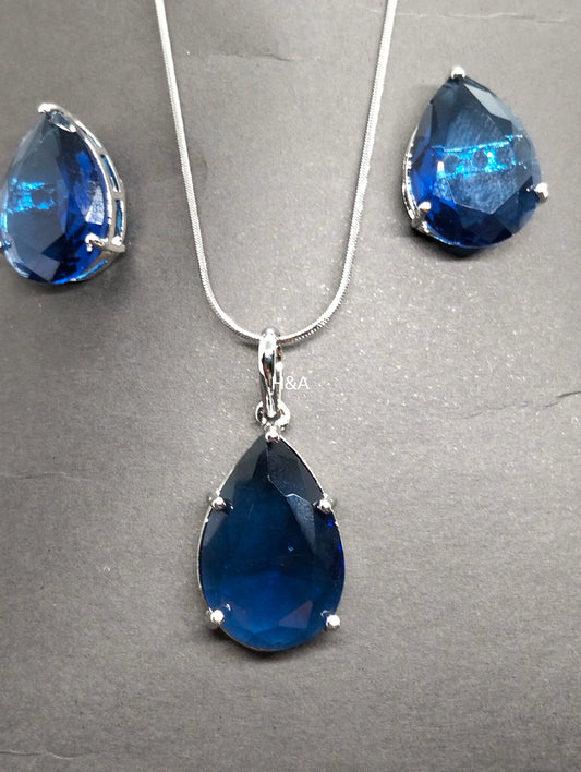 Blue Sapphire silver rhodium plated pendant set