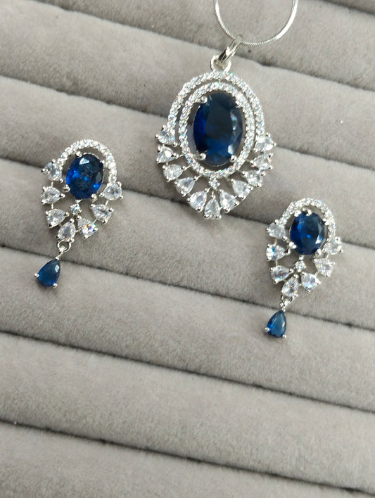 Blue Sapphire silver rhodium plated pendant