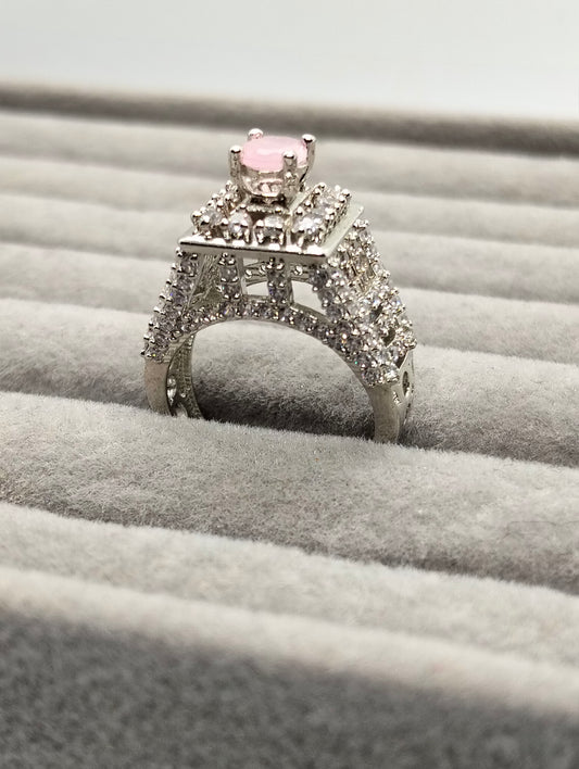 Pink stone silver rhodium plated tower ring Adjustable