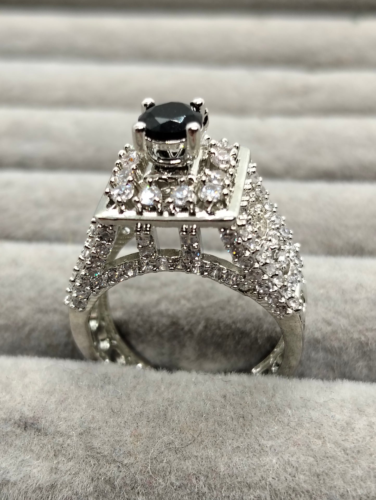 Black stone adjustable tower ring one carat silver rhodium plated