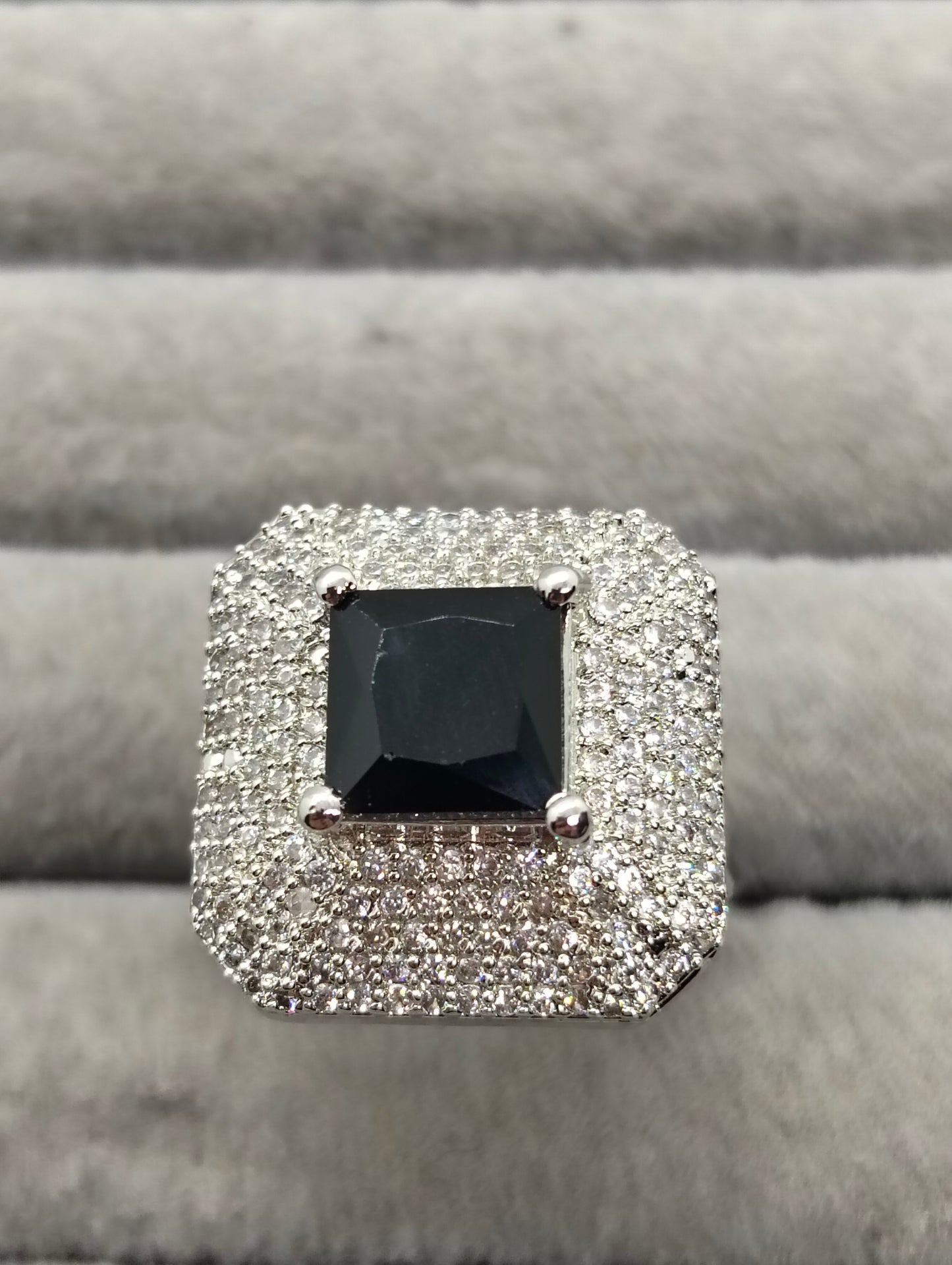 Black stone adjustable one carat silver rhodium plated ring