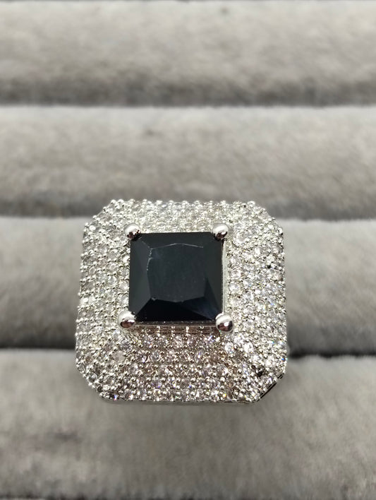 Black stone adjustable one carat silver rhodium plated ring