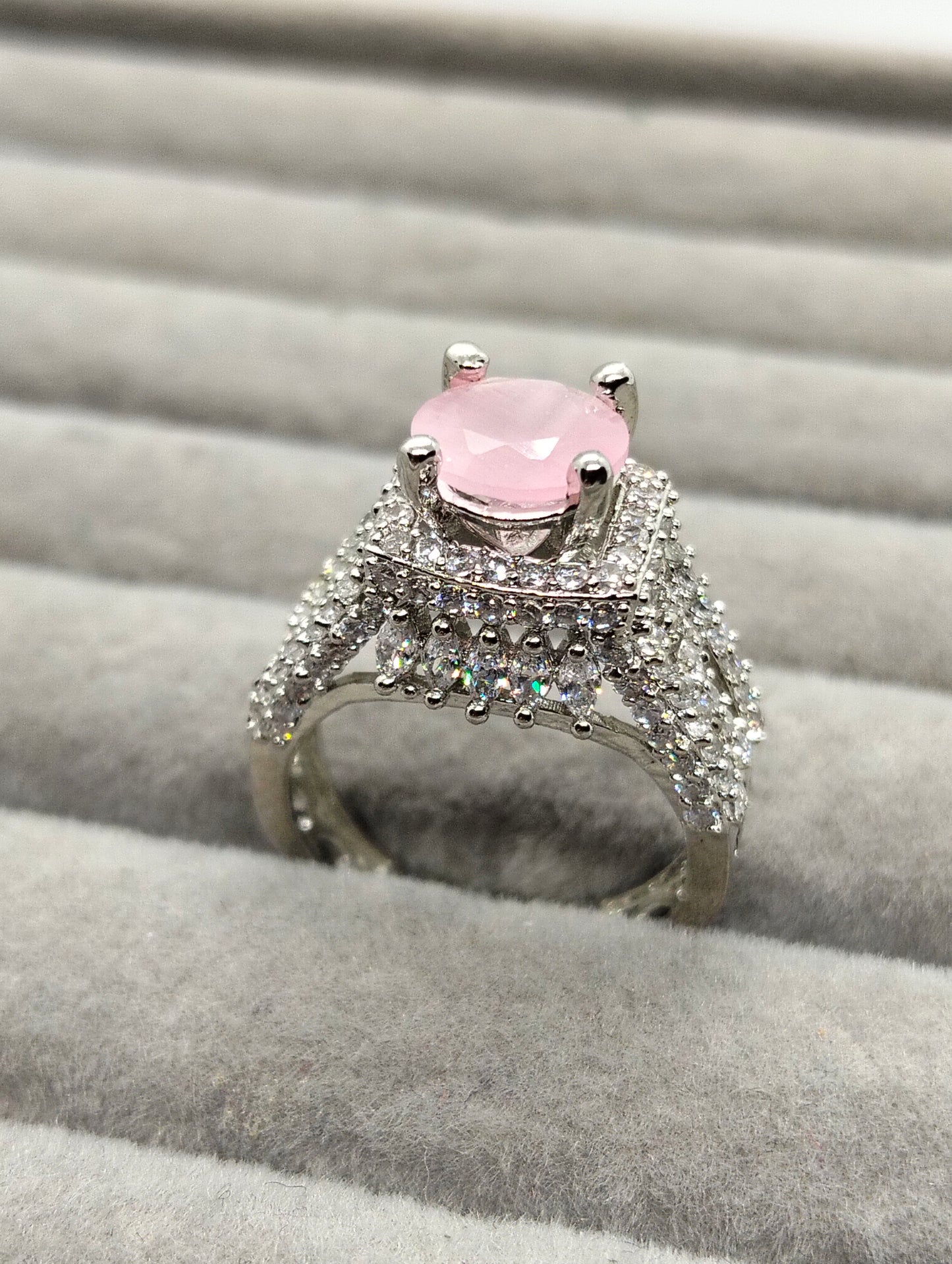 One carat silver rhodium plated ring in pink stone adjustable
