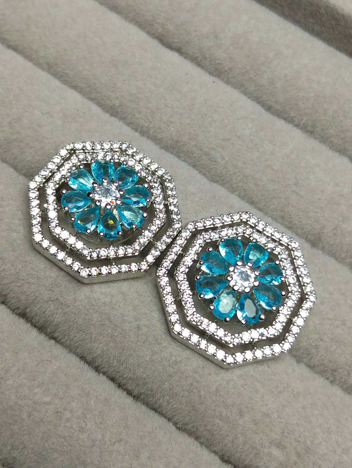 White Illusion Aqua Blue Silver Geometric Studs