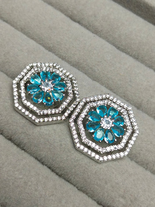 White Illusion Aqua Blue Silver Geometric Studs