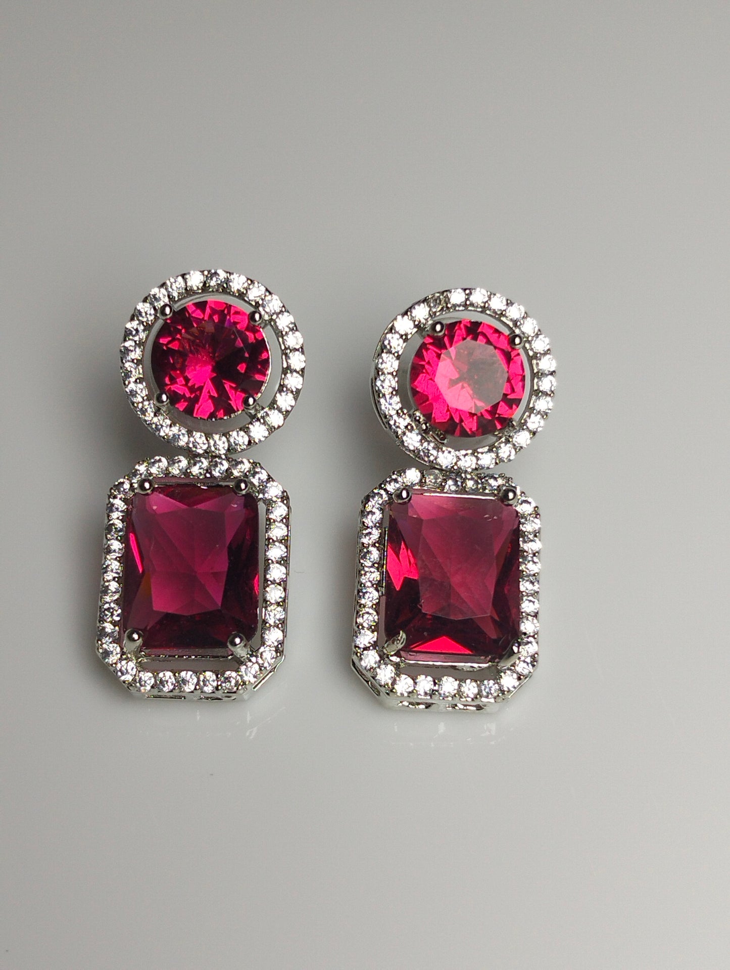 Elegant Red Gemstone & CZ Halo Earrings in Rhodium Plated Silver