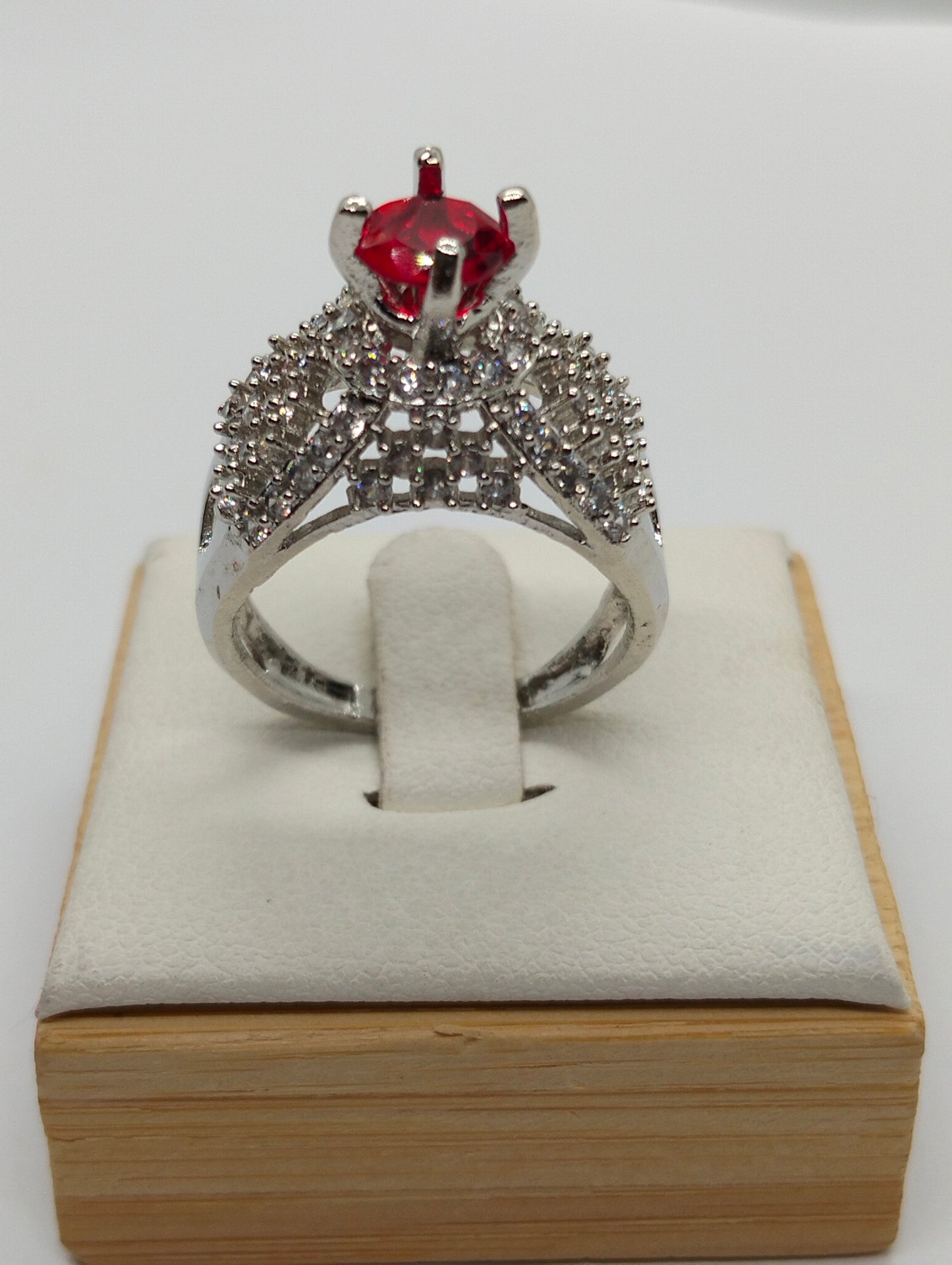 Silver rhodium plated ring in red stone
