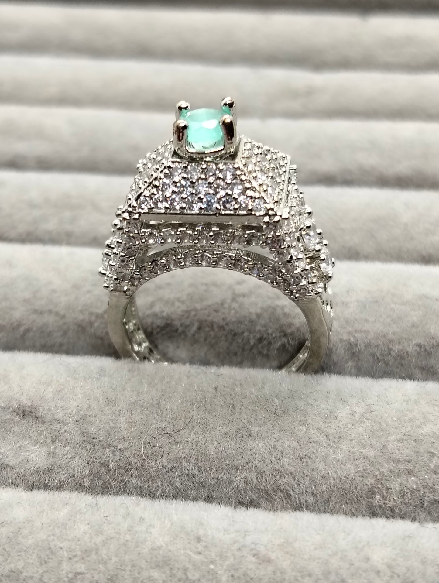 Mint green stone adjustable tower ring silver rhodium plated