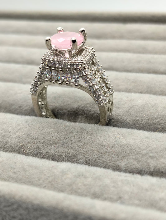 One carat silver rhodium plated ring in pink stone adjustable