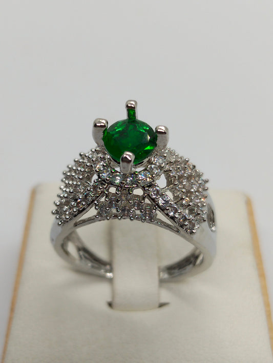 Silver rhodium plated ring in green stone