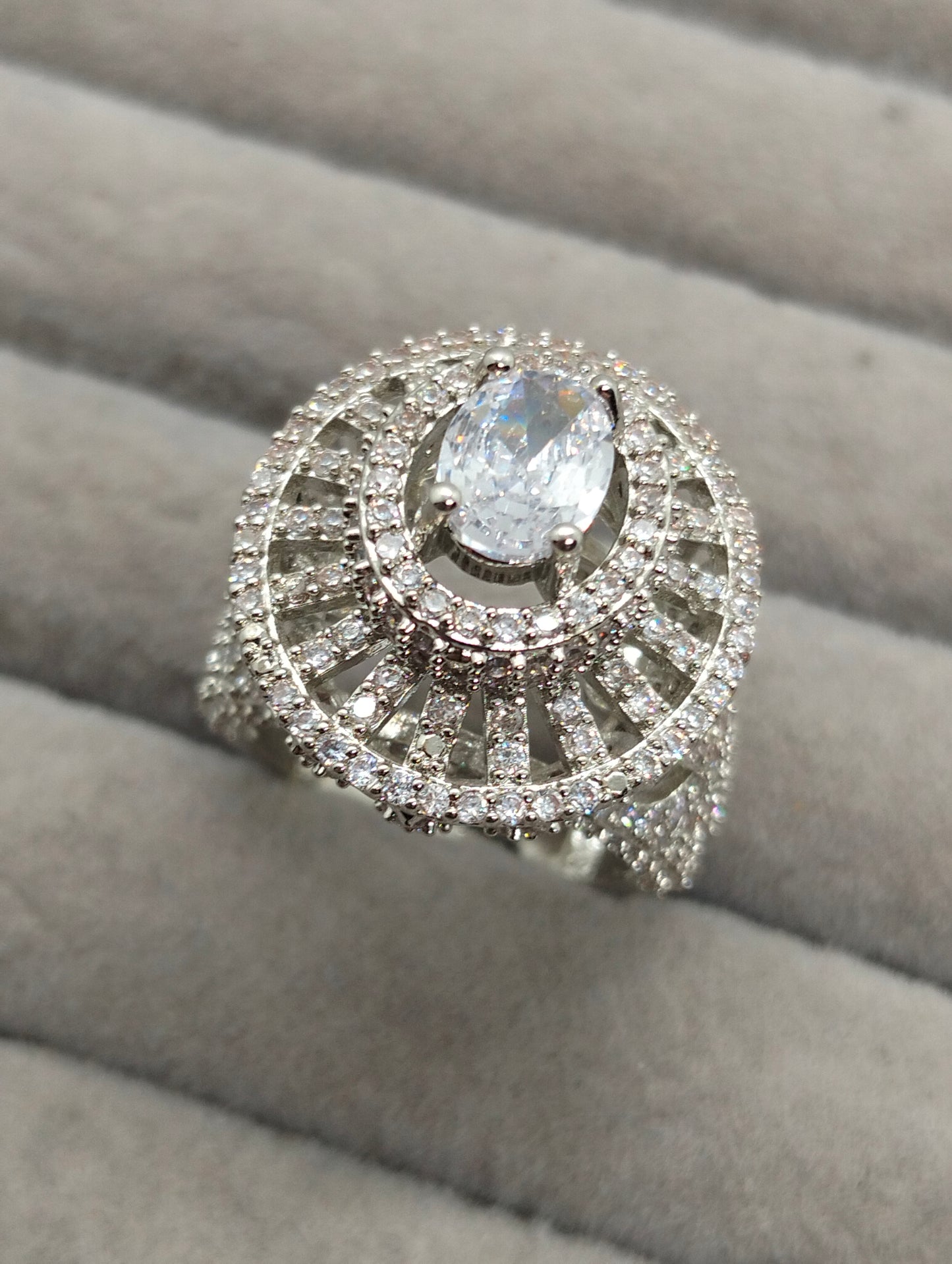 Statement one carat silver rhodium plated ring with semi precious stones