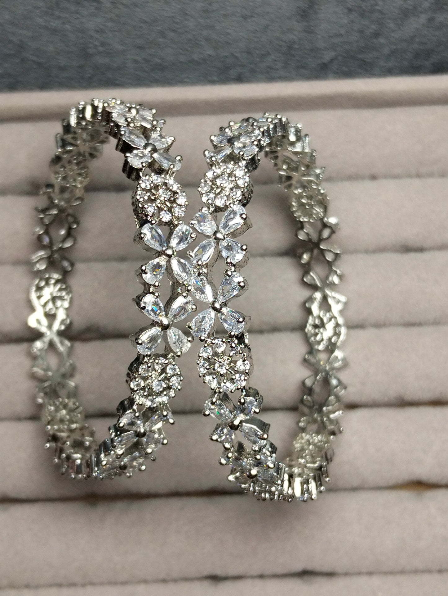 Silver rhodium plated crystal floral Bangels