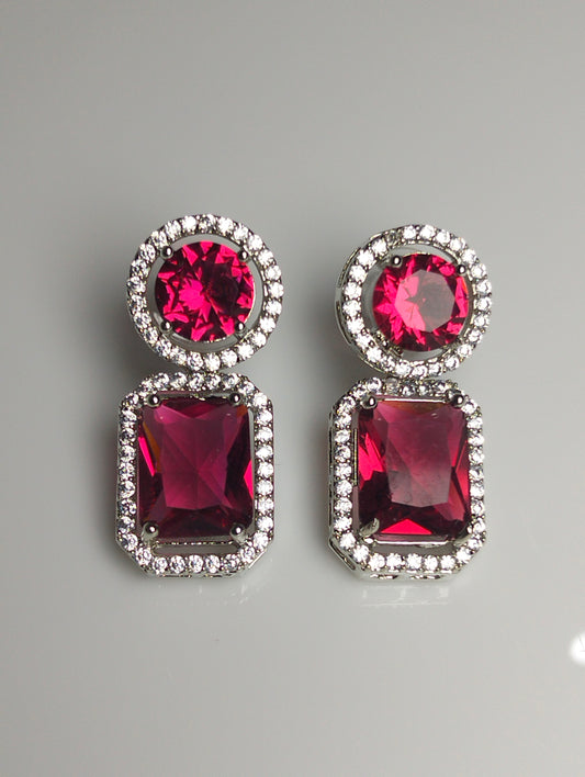 Elegant Red Gemstone & CZ Halo Earrings in Rhodium Plated Silver
