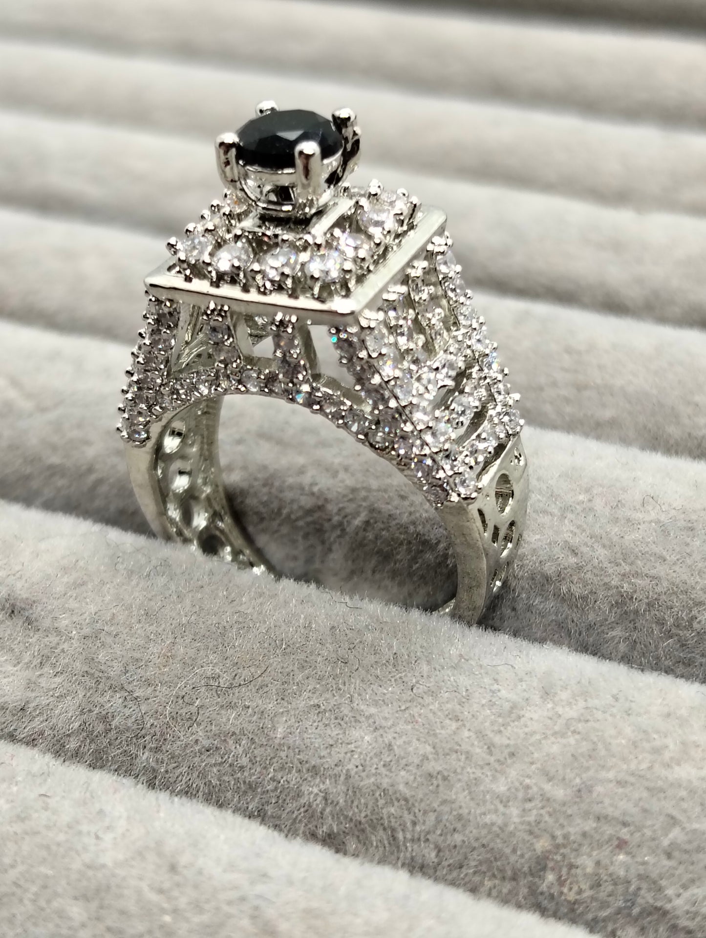 Black stone adjustable tower ring one carat silver rhodium plated