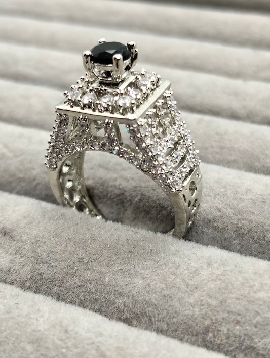 Black stone adjustable tower ring one carat silver rhodium plated