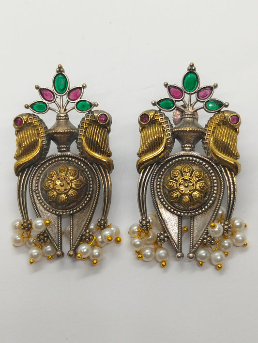 Two toned oxidized handmade brass stud with multi stones