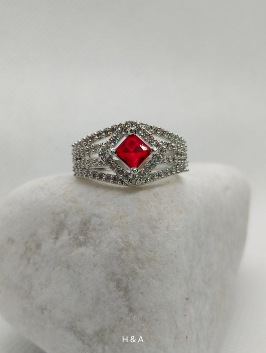 Red stone silver rhodium plated ring