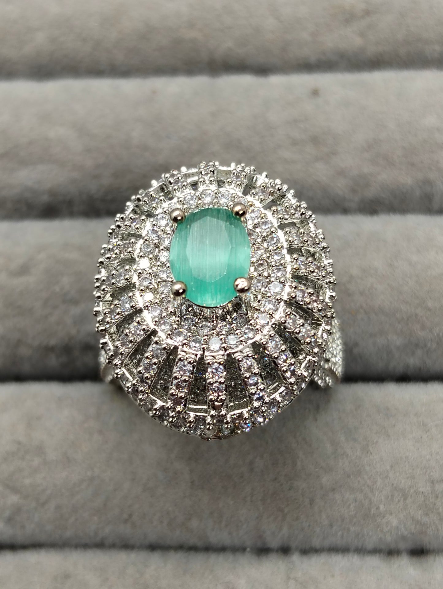 One carat silver rhodium plated adjustable ring in mint green stone
