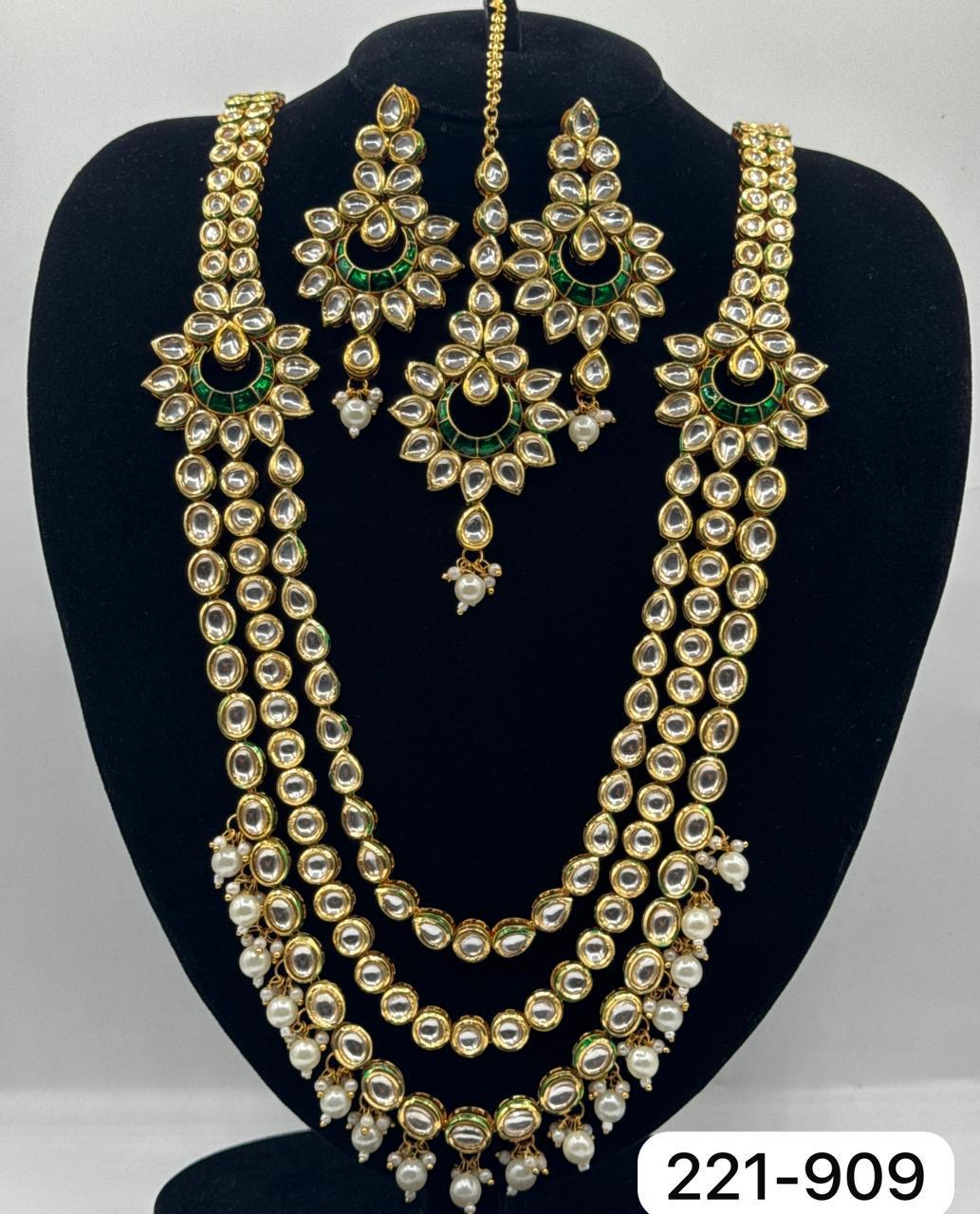 Original Kundan three layered necklace set in green & white stone