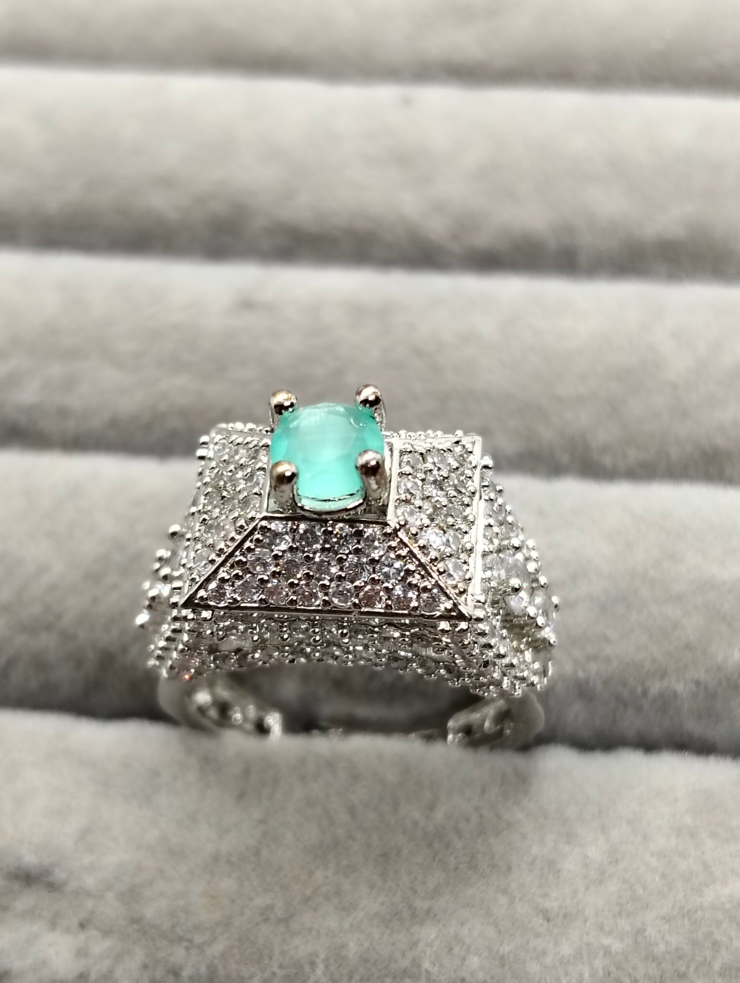 Mint green stone adjustable tower ring silver rhodium plated