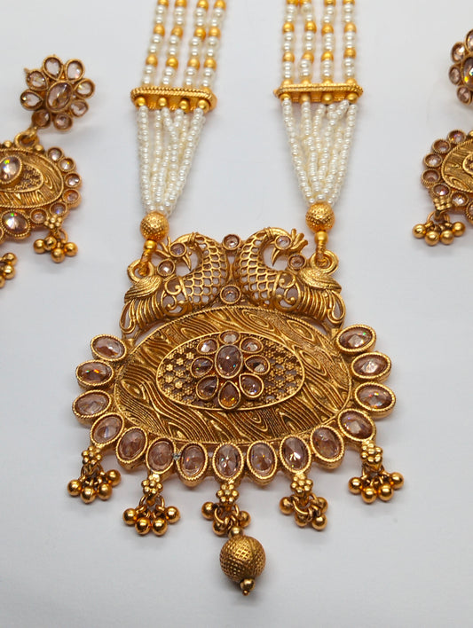 Antique Gold Peacock Motif Kundan Pearl Necklace Set