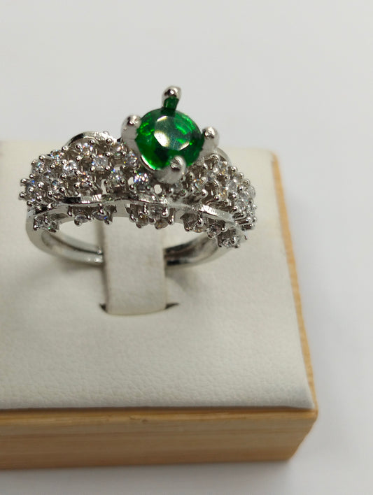 Silver rhodium plated crown ring in green stone