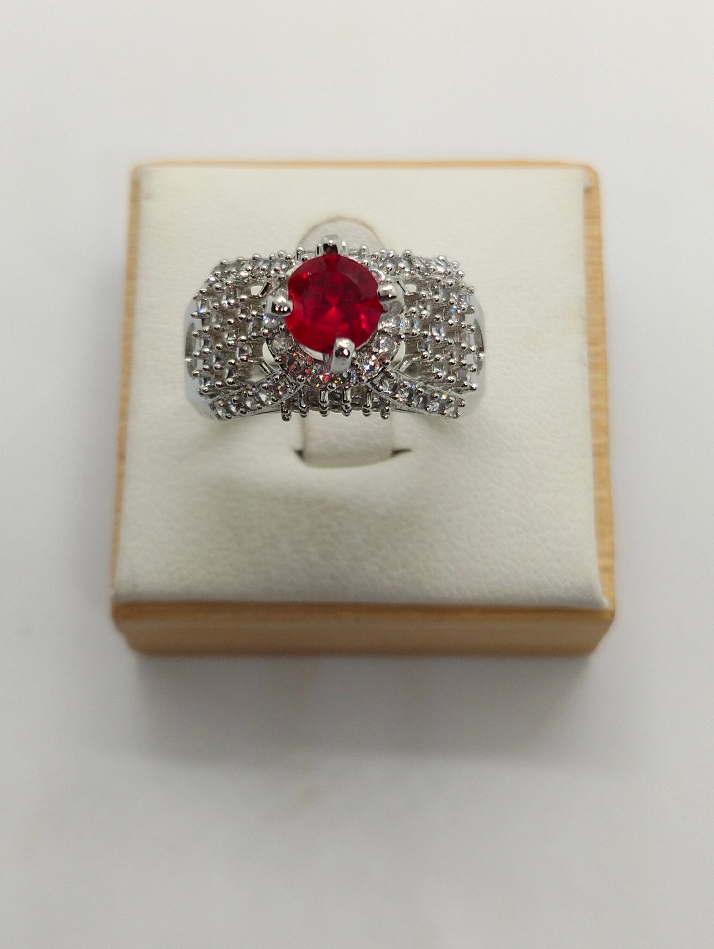 Silver rhodium plated ring in red stone