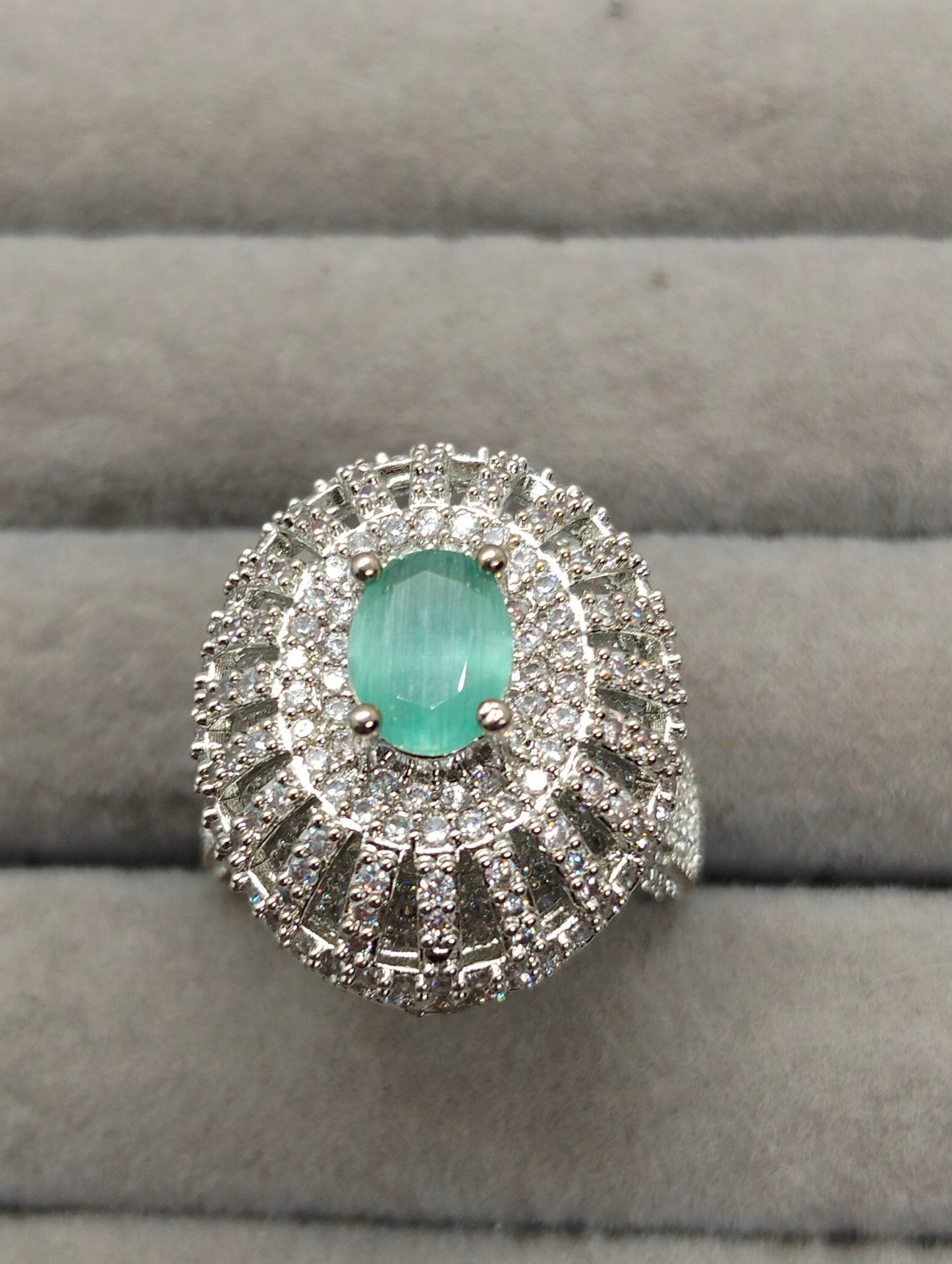 One carat silver rhodium plated adjustable ring in mint green stone