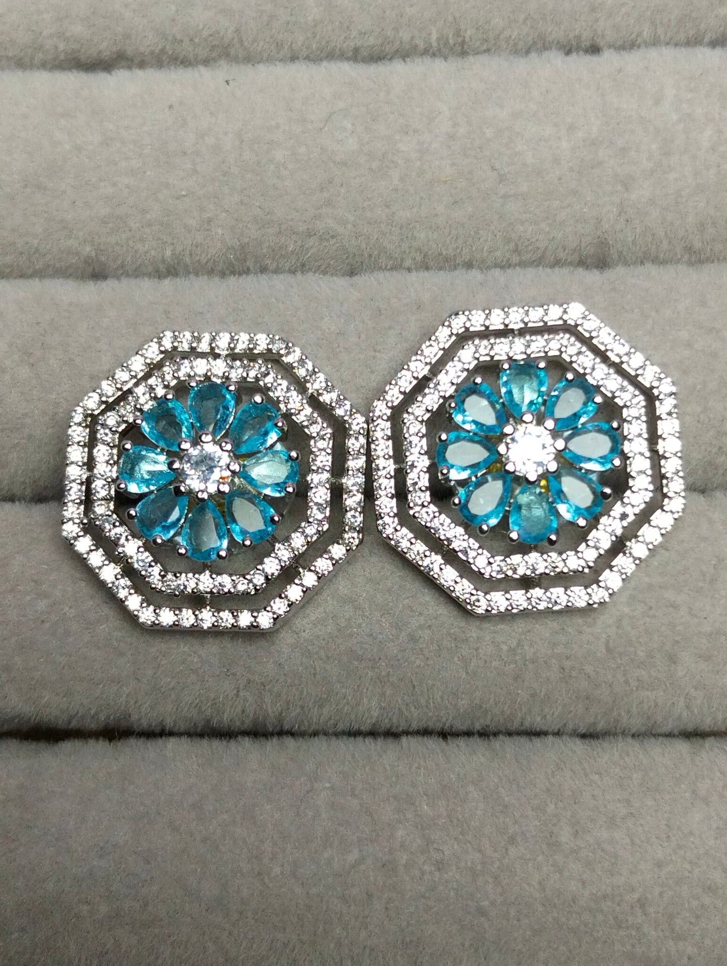 White Illusion Aqua Blue Silver Geometric Studs