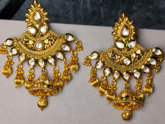 Heritage Gold Plated Kundan Chandbali Jhumka Earrings