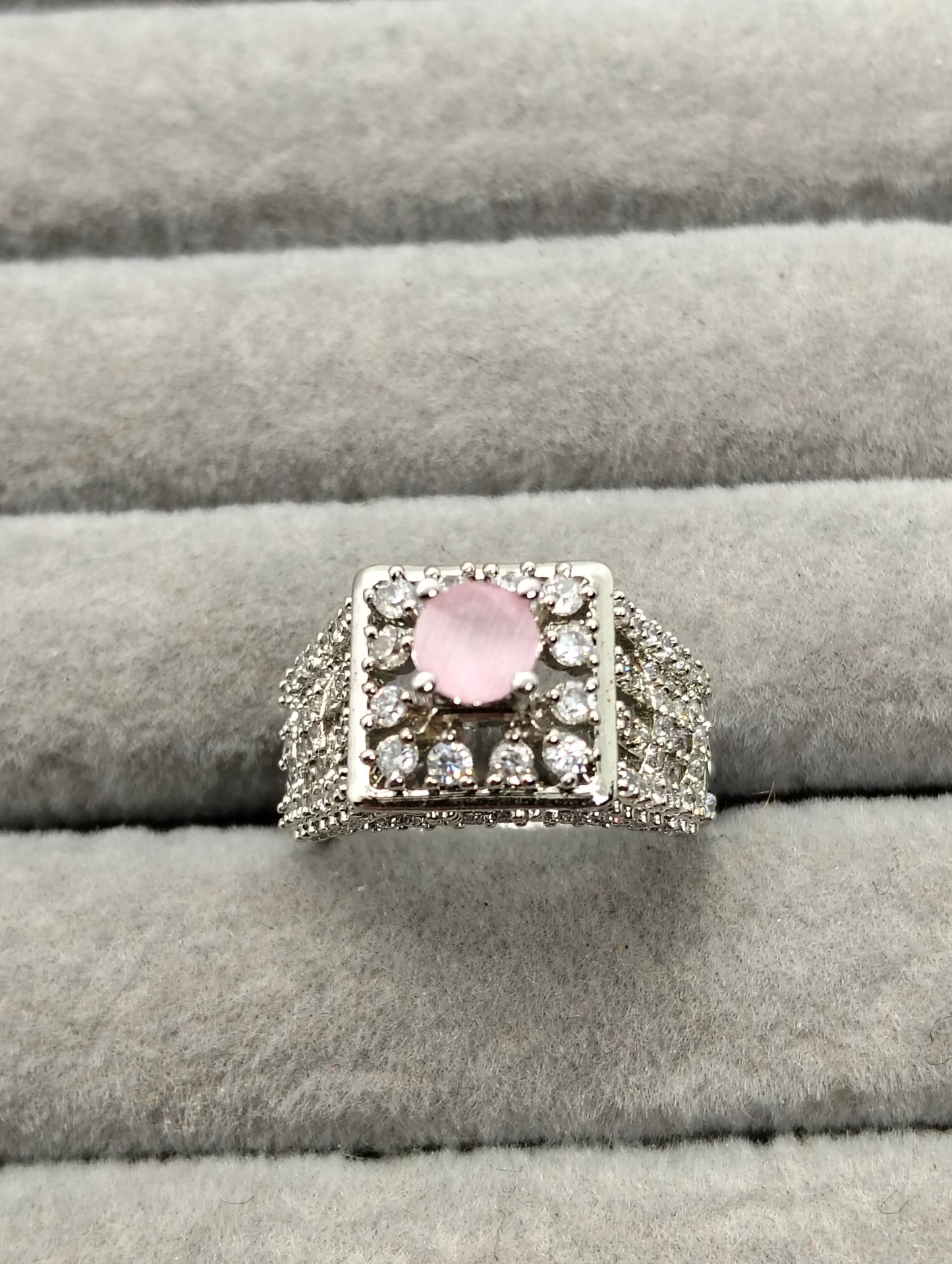 Pink stone silver rhodium plated tower ring Adjustable