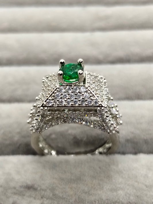 Green stone adjustable tower ring in one carat silver rhodium plated