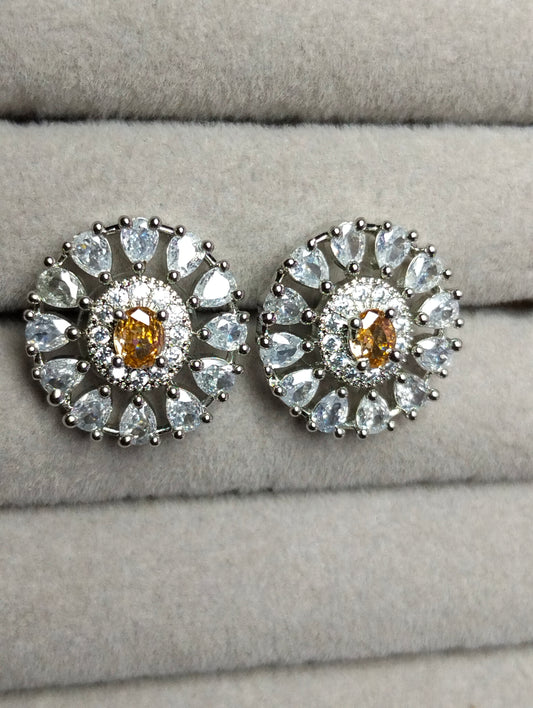 Champagne Stone Rhodium-Plated Silver Geometric Studs