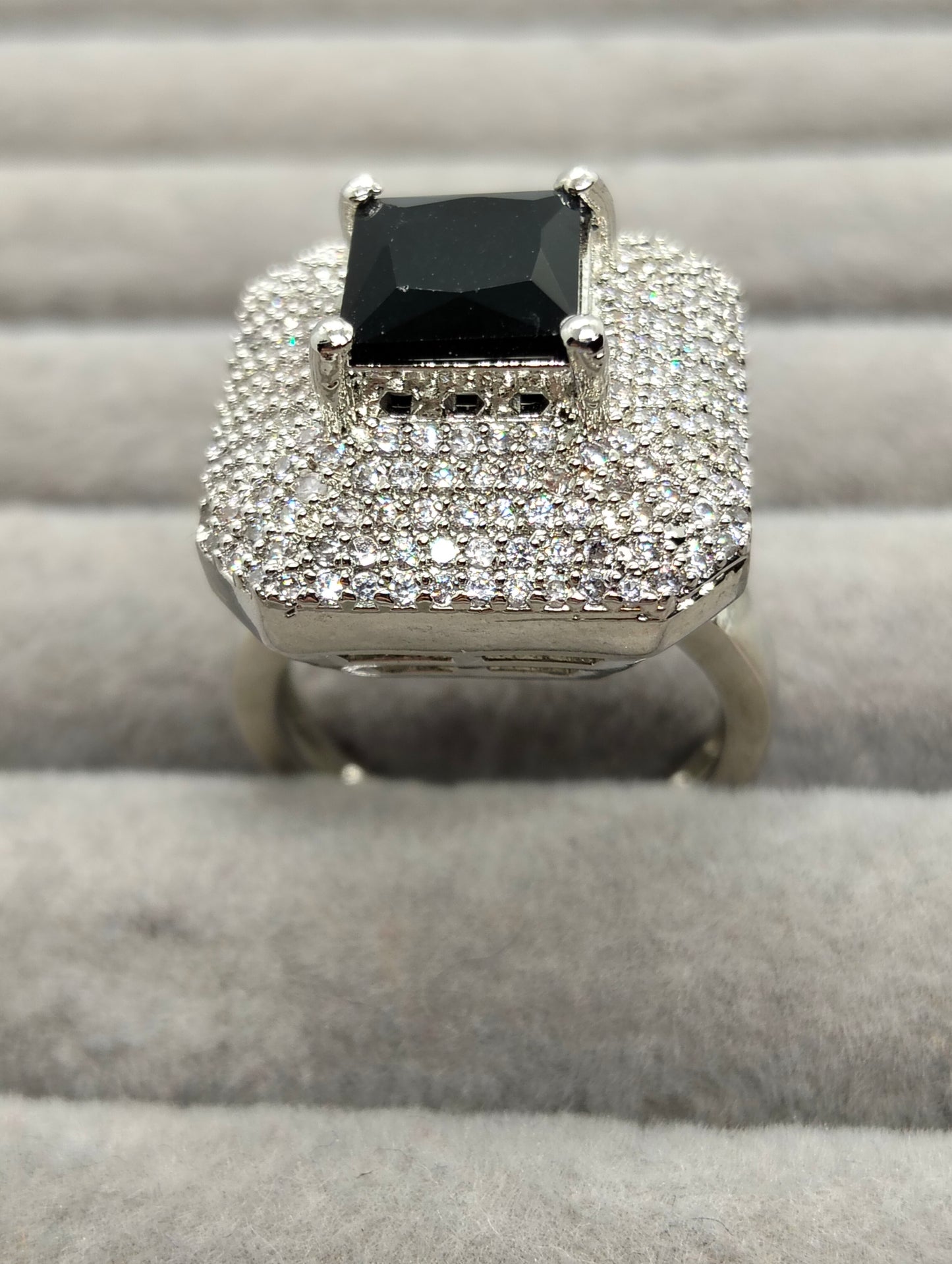 Black stone adjustable one carat silver rhodium plated ring